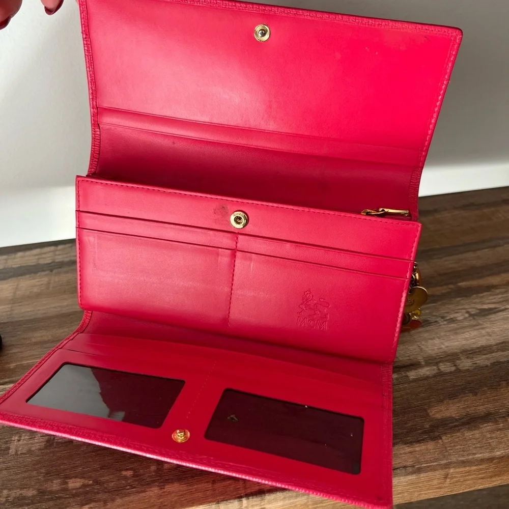 MCM Hot Pink Trifold Leather Wallet with Charms